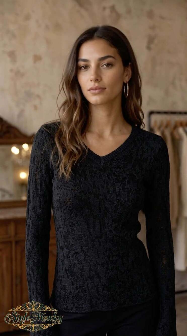 Free People V-Neck Long Sleeve Black Textured Knit Pullover